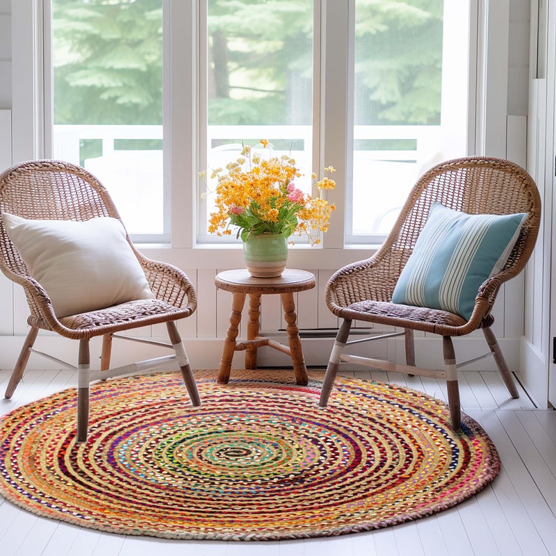 COTTON CRAFT Jute Cotton Chindi Braid Rag Rug - Boho Farmhouse Rustic - Handwoven Reversible Natural Jute and Recycled Cotton Throw Area Rug Carpet - Home DÃ©cor - 3 Feet Round Multi Color - Image 2