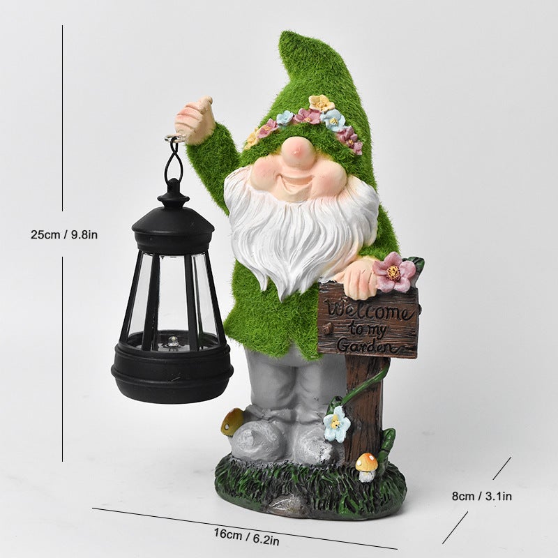 Solar Flocked Gnome Carrying Lantern Outdoor Light Resin Figurine for Garden Dwarf Decor - Image 1