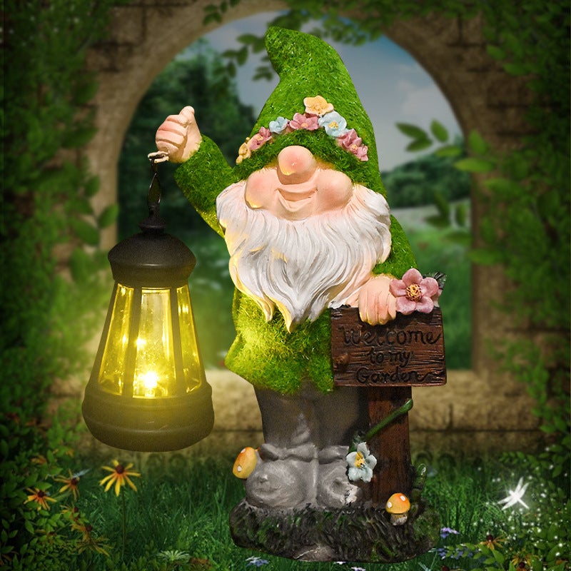 Solar Flocked Gnome Carrying Lantern Outdoor Light Resin Figurine for Garden Dwarf Decor - Image 2
