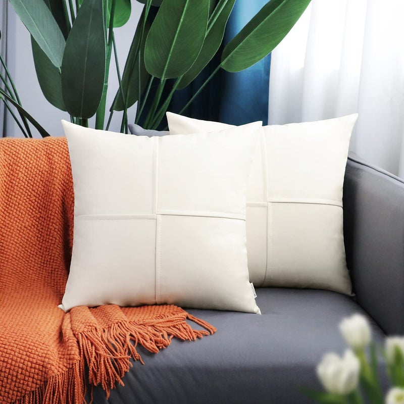 BRAWARM BRAWARM Faux Leather Throw Pillow Covers 22 X 22 Inches  Cream Leather Pillow Covers Pack of 2  Hand Stitched Leather Decorative Throw Pillows for Couch Sofa Bed Living Room Home Garden - Image 2