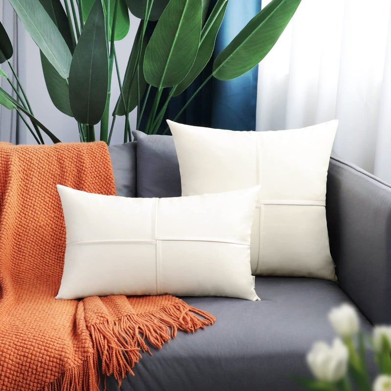 BRAWARM BRAWARM Faux Leather Throw Pillow Covers 22 X 22 Inches  Cream Leather Pillow Covers Pack of 2  Hand Stitched Leather Decorative Throw Pillows for Couch Sofa Bed Living Room Home Garden - Image 3