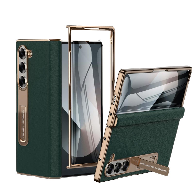 Kalernd for Samsung Galaxy Z Fold 6 Phone CaseLuxury Premier Genuine LeatherFull Body Hinge ProtectionBuiltin Screen ProtectorKickstand Slim Protective Cover for Galaxy ZFold 6 Green - Image 2