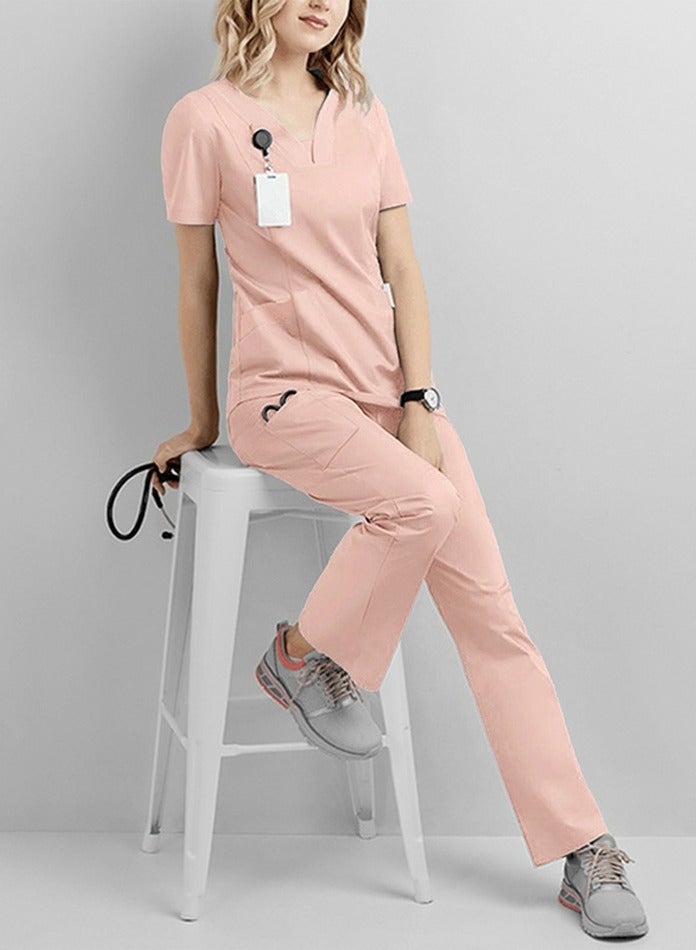 Loquat Solid Color Medical Uniform Scrubs 2 Piece Set V-Neck Top and Loose Pants  Set Pink