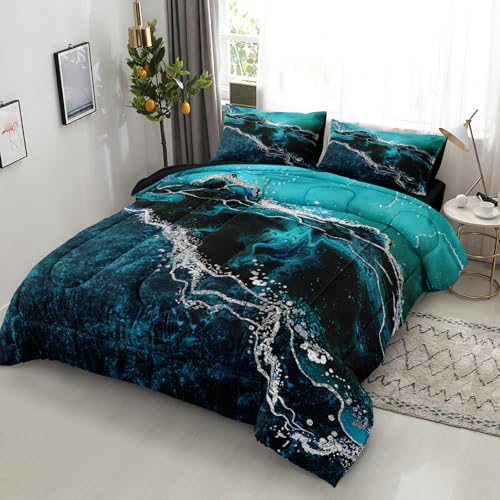 Bedorm Black Marble Comforter King Turquoise Blue Bedding Set 3 Pcs Marble Stone Natural Theme Artwork Abstract Bedding Super Soft Cozy Black Comforter Set - Image 5