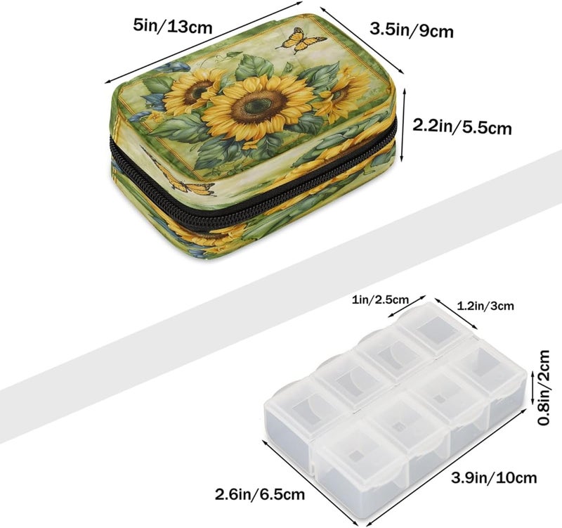 Painting Sunflower Flower Pill Case Travel Pill Organizer Weekly 7 Day Portable with Zipper Medicine Box Pill Case for Vitamins, Birth Control,Fish Oils,Medication, Supplements - Image 2