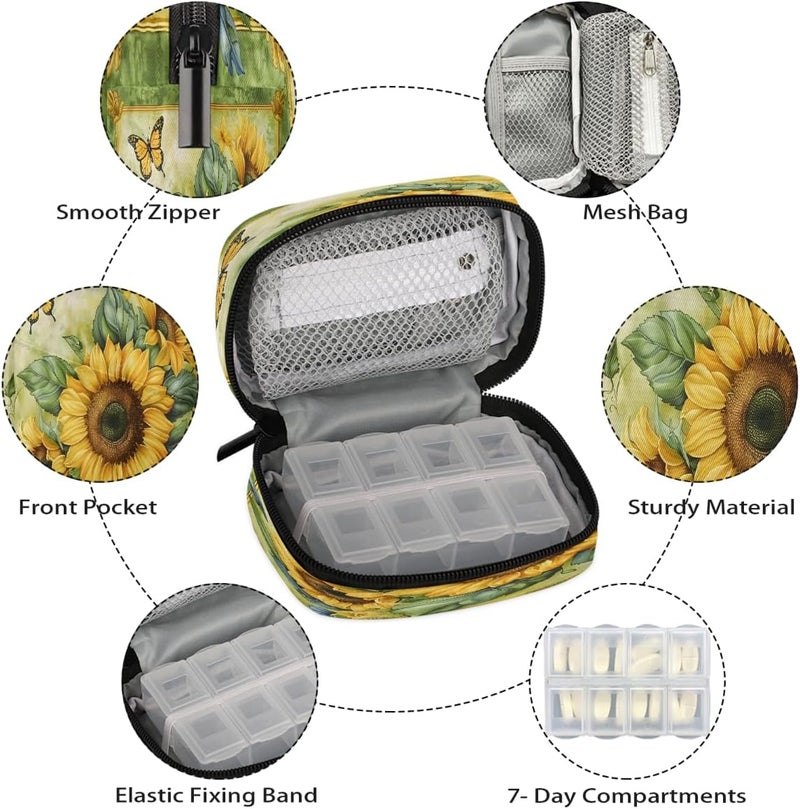 Painting Sunflower Flower Pill Case Travel Pill Organizer Weekly 7 Day Portable with Zipper Medicine Box Pill Case for Vitamins, Birth Control,Fish Oils,Medication, Supplements - Image 3