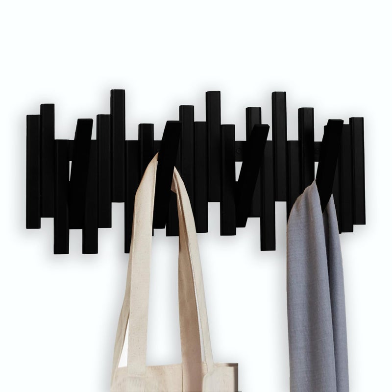 MinBoo Bamboo Multi Hook Coat Rack -Decorative Hooks for Wall Modern, Unique, Space-Saving Coat Hanger with 4 Flip-Down Hook for Hanging Coats, Christmas Decorations Wall Hooks for Hanging,Black - Image 1