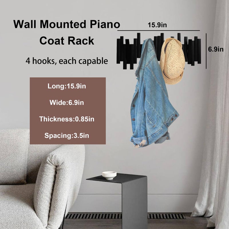 MinBoo Bamboo Multi Hook Coat Rack -Decorative Hooks for Wall Modern, Unique, Space-Saving Coat Hanger with 4 Flip-Down Hook for Hanging Coats, Christmas Decorations Wall Hooks for Hanging,Black - Image 2