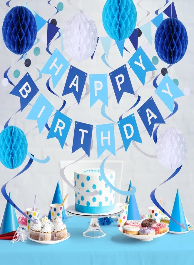 IMISI مجموعة زينة عيد ميلاد IMISI، لافتة عيد ميلاد سعيد، خلفية زينة للحفلات مع راية، دوائر زرقاء، نقاط، شرائط لامعة معلقة، كرات على شكل خلية نحل، للرجال والنساء (أزرق) - Image 3