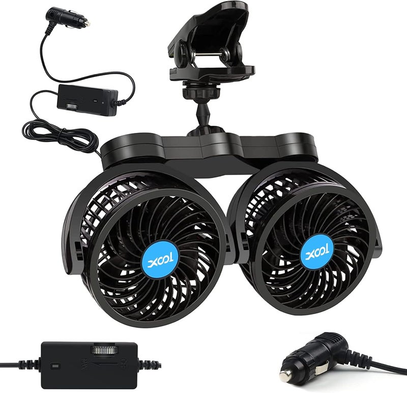XOOL Clip Car Fan, Adjustable Dual Head 4 Inches 12V Fan for Front/Rear Seat Passenger - Image 1