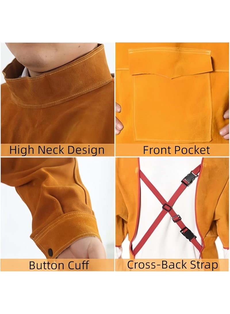 LAMAY Adjustable Neck Strap Leather Welding Apron with Sleeve,Heavy Duty Welding Jacket,Heat Flame Resistant Weld Coat for Men Women (120CM) - Image 4