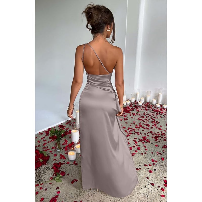 Memoriesea Women's Sexy One Shoulder Satin High Split Cocktail Wedding Party Maxi Dress - Image 5