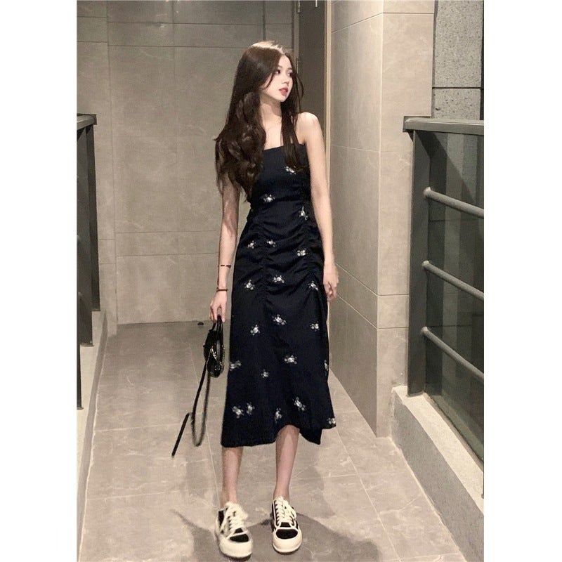 Black Floral Slip Dress Waist Cinch Summer Black 