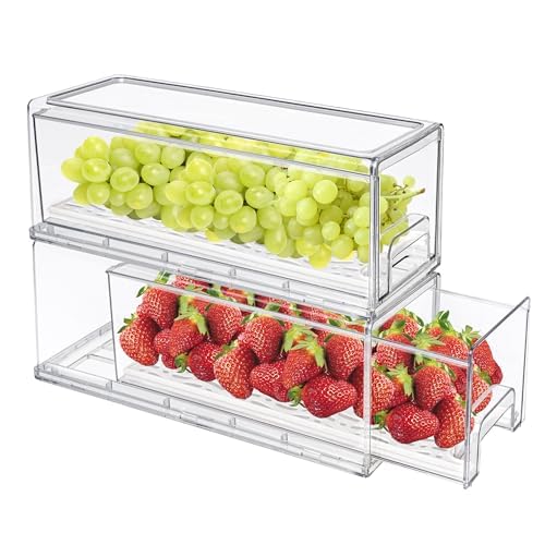 MANO MANO 2Pack Clear Fridge Drawers Pull Out Stackable Refrigerator Drawer Organizer Bins Pantry Storage Box Plastic Food Containers for Kitchen Bathroom Office ClosetXSmall 