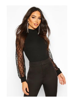 Polka Dot Mesh Sleeve High Neck Bodysuit