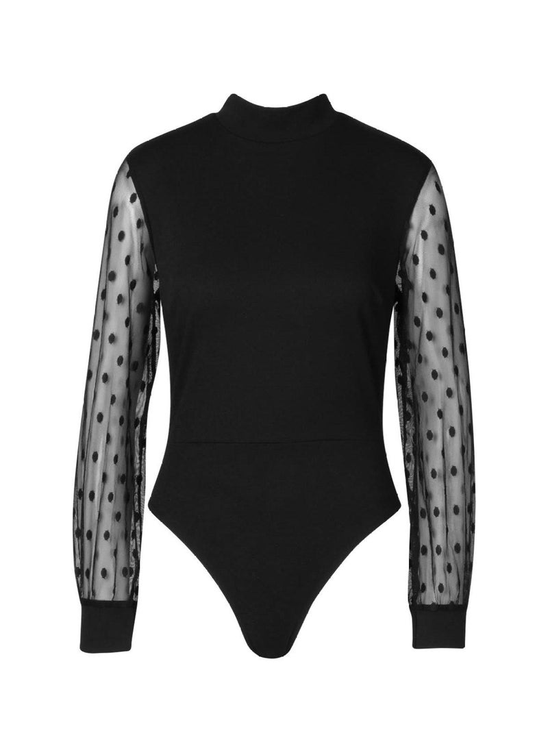 boohoo - Polka Dot Mesh Sleeve High Neck Bodysuit - Image 1