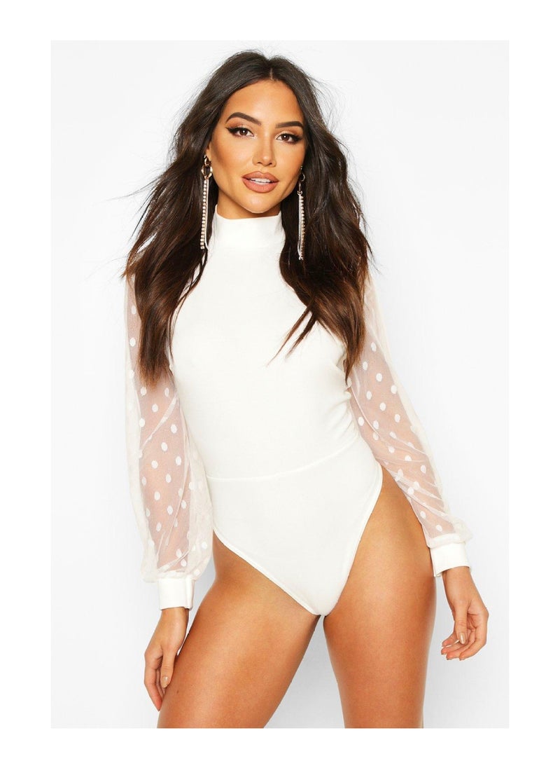 boohoo - Polka Dot Mesh Sleeve High Neck Bodysuit - Image 1