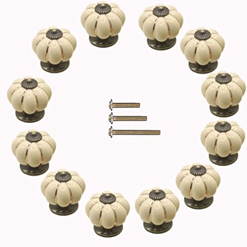 ESreake 12 Pack Yellow Vintage Ceramic Pumpkin Cabinet Knobs, Drawer Dresser Door Pulls Handles with 3 Kinds of Screws for Kitchen, Cabinets, Cupboard, Bathroom,Wardrobe Closet (12 Pack, Ivory) - Image 1