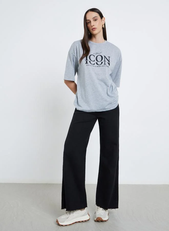 Styli Styli Women Grey Slogan Print Oversized T-Shirt