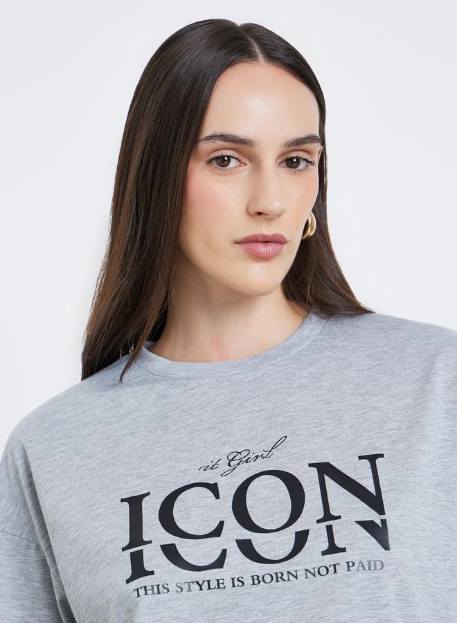 ستايلي تيشيرت نسائي فضفاض بطبعة شعار رمادي - Image 3