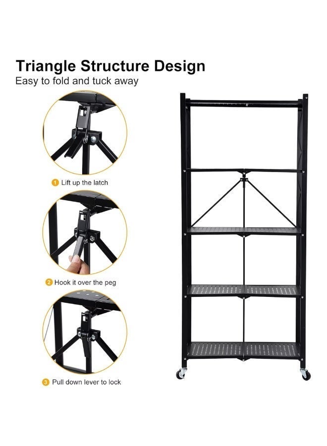 NRK 5-Tier Foldable Metal Shelving Unit with Wheels, Heavy Duty No-Assembly Storage Rack for Kitchen & Pantry - Black - Image 5