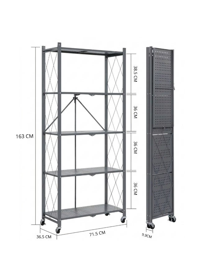 NRK 5-Tier Foldable Metal Shelving Unit with Wheels, Heavy Duty No-Assembly Storage Rack for Kitchen & Pantry - Black - Image 3