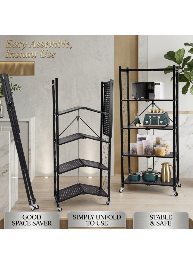NRK 5-Tier Foldable Metal Shelving Unit with Wheels, Heavy Duty No-Assembly Storage Rack for Kitchen & Pantry - Black - Image 2