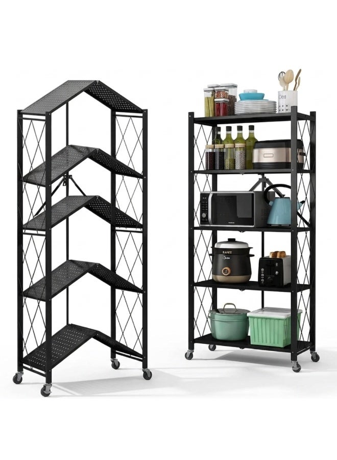 NRK 5-Tier Foldable Metal Shelving Unit with Wheels, Heavy Duty No-Assembly Storage Rack for Kitchen & Pantry - Black - Image 1