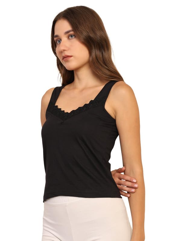 TIZEE Cotton Camisole Slip for Women Black Wide Strap Non-Padded Innerwear for Layering & Sleepwear Soft Breathable Fabric with Lace Neck Size M - Image 2