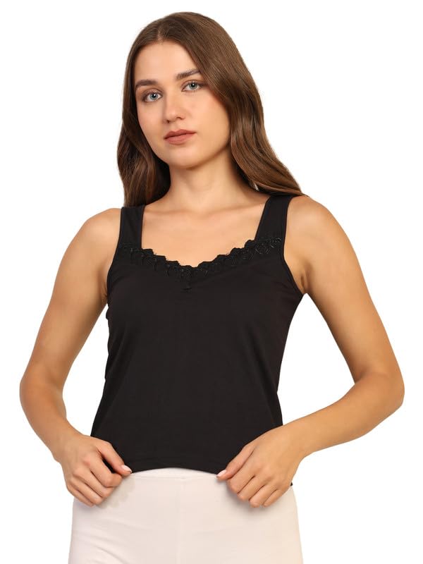 TIZEE Cotton Camisole Slip for Women Black Wide Strap Non-Padded Innerwear for Layering & Sleepwear Soft Breathable Fabric with Lace Neck Size M - Image 1