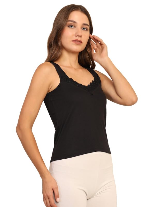 TIZEE Cotton Camisole Slip for Women Black Wide Strap Non-Padded Innerwear for Layering & Sleepwear Soft Breathable Fabric with Lace Neck Size M - Image 3