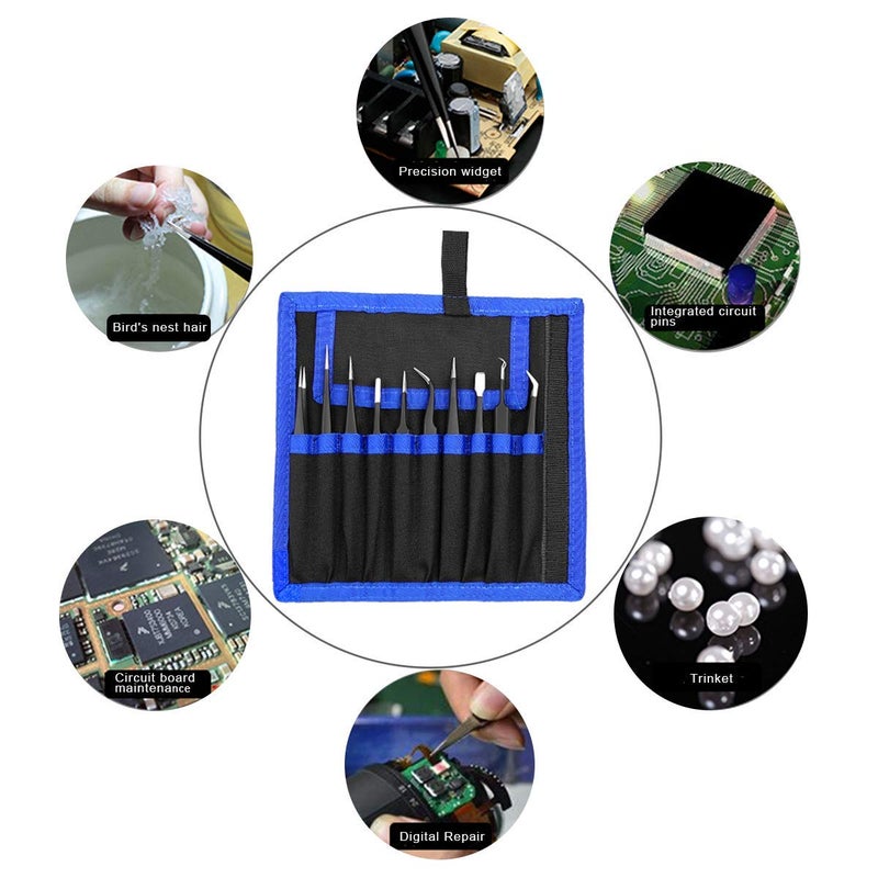 XOOL Precision Tweezers Set, XOOL 10 PCS ESD Tweezers Set, Anti-Static Stainless Steel Tweezers Kit, Multi-standard Stainless Steel Tweezers for Lab, Electronics, Jewelry and Detailed Work - Image 5