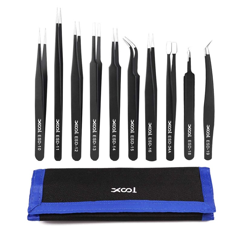 XOOL Precision Tweezers Set, XOOL 10 PCS ESD Tweezers Set, Anti-Static Stainless Steel Tweezers Kit, Multi-standard Stainless Steel Tweezers for Lab, Electronics, Jewelry and Detailed Work - Image 1
