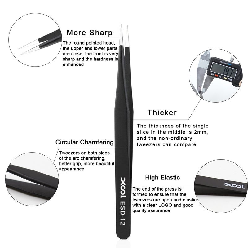 XOOL Precision Tweezers Set, XOOL 10 PCS ESD Tweezers Set, Anti-Static Stainless Steel Tweezers Kit, Multi-standard Stainless Steel Tweezers for Lab, Electronics, Jewelry and Detailed Work - Image 2