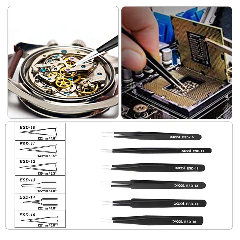 XOOL Precision Tweezers Set, XOOL 10 PCS ESD Tweezers Set, Anti-Static Stainless Steel Tweezers Kit, Multi-standard Stainless Steel Tweezers for Lab, Electronics, Jewelry and Detailed Work - Image 4