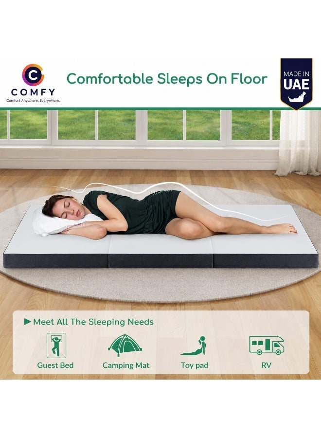 COMFY WHITE FOLDING PORTABLE GUEST MEDICATED FOAM MATTRESS WITH BLACK BORDER 180 X 90 X 10CM - Image 1