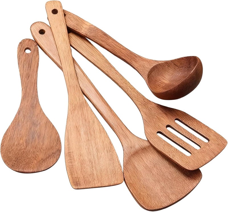 5 Pcs Wooden Kitchen Utensils Set, Natural Chicken Wing Wood, Spatula Set For Cooking, Long Handle Design - Image 1