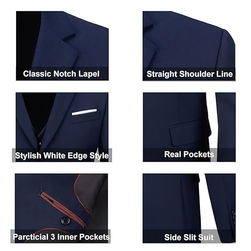 Lynerun Men's 3 Piece Suit Elegant Two Button Slim Fit Suit Blazer Prom Wedding Tuxedo Suit Solid Jacket Vest Pants for Men Navy Suit for Men M - Image 4