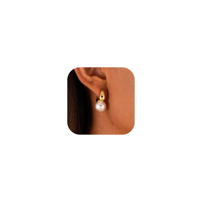 CHESKY CHSKY Pearl Earrings for Women, 14K Gold Plated Quality Handpicked AAA+ Freshwater Cultured Round Pearls Small Gold Hoops Trendy Dangle Pearl Drop Earrings Jewelry Gifts for Women - Image 1