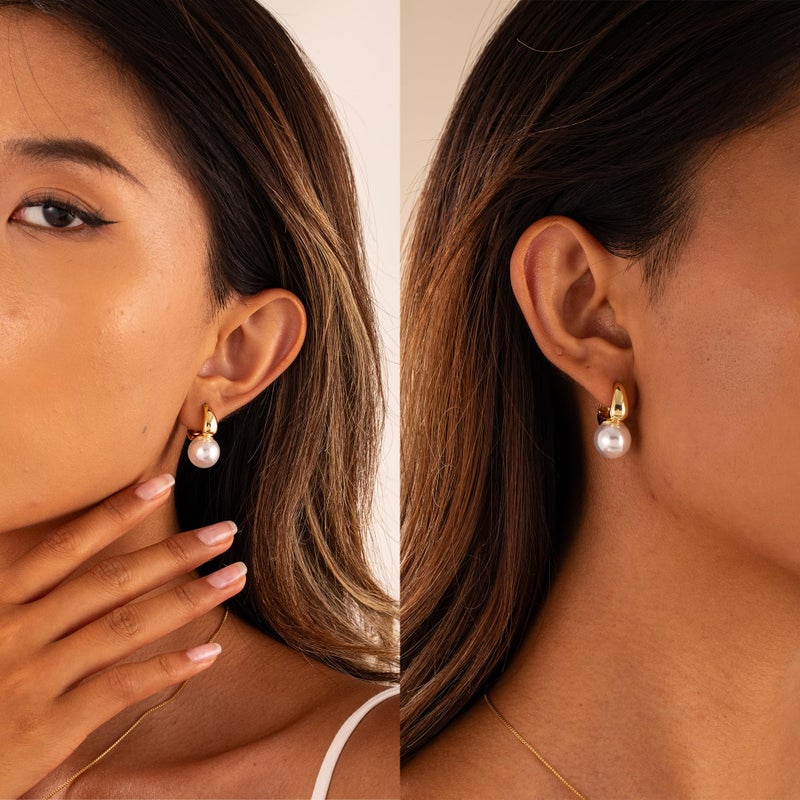 CHESKY CHSKY Pearl Earrings for Women, 14K Gold Plated Quality Handpicked AAA+ Freshwater Cultured Round Pearls Small Gold Hoops Trendy Dangle Pearl Drop Earrings Jewelry Gifts for Women - Image 2