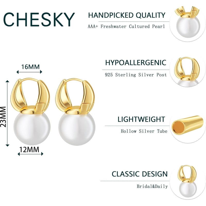 CHESKY CHSKY Pearl Earrings for Women, 14K Gold Plated Quality Handpicked AAA+ Freshwater Cultured Round Pearls Small Gold Hoops Trendy Dangle Pearl Drop Earrings Jewelry Gifts for Women - Image 5