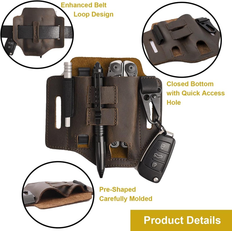 Gentlestache Multitool Belt Sheath, EDC Leather Belt Organizer, Belt Holder with Multitool Pouch, Flashlight Holder, Pen Holder and Keychain Clip, Practical EDC Belt Pouch for Men - Image 3