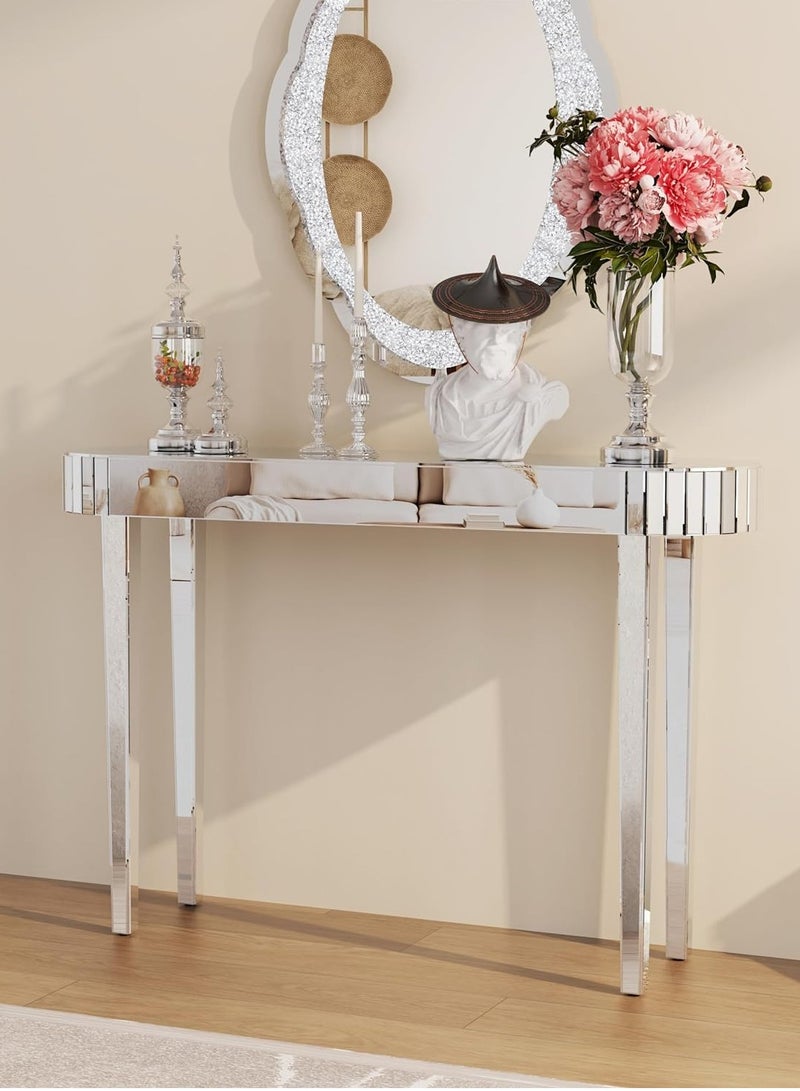 WISFOR 120x32x80cm Glass Console Table Silver Mirrored Entryway Rectangle Oval Hallway Entrance Table Reflective Mirrored Surface Sofa Side Table with Sturdy Square Mirror Glass Legs for Living Room Foyer - Image 1