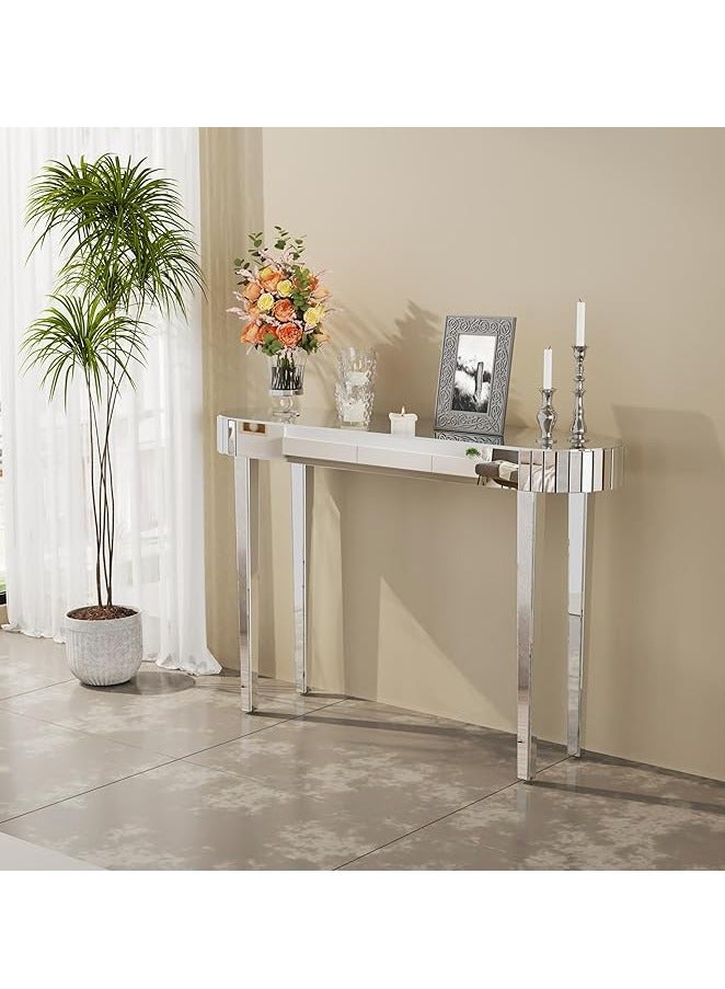 WISFOR 120x32x80cm Glass Console Table Silver Mirrored Entryway Rectangle Oval Hallway Entrance Table Reflective Mirrored Surface Sofa Side Table with Sturdy Square Mirror Glass Legs for Living Room Foyer - Image 2