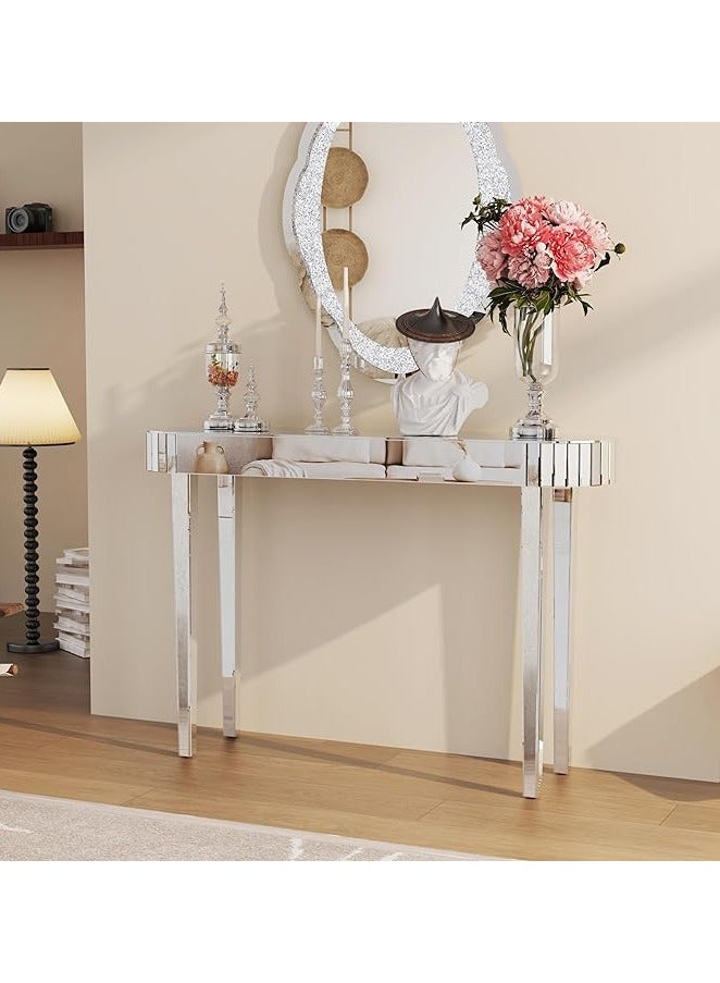 WISFOR 120x32x80cm Glass Console Table Silver Mirrored Entryway Rectangle Oval Hallway Entrance Table Reflective Mirrored Surface Sofa Side Table with Sturdy Square Mirror Glass Legs for Living Room Foyer - Image 5