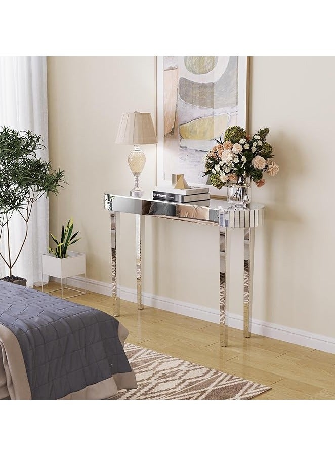 WISFOR 120x32x80cm Glass Console Table Silver Mirrored Entryway Rectangle Oval Hallway Entrance Table Reflective Mirrored Surface Sofa Side Table with Sturdy Square Mirror Glass Legs for Living Room Foyer - Image 3