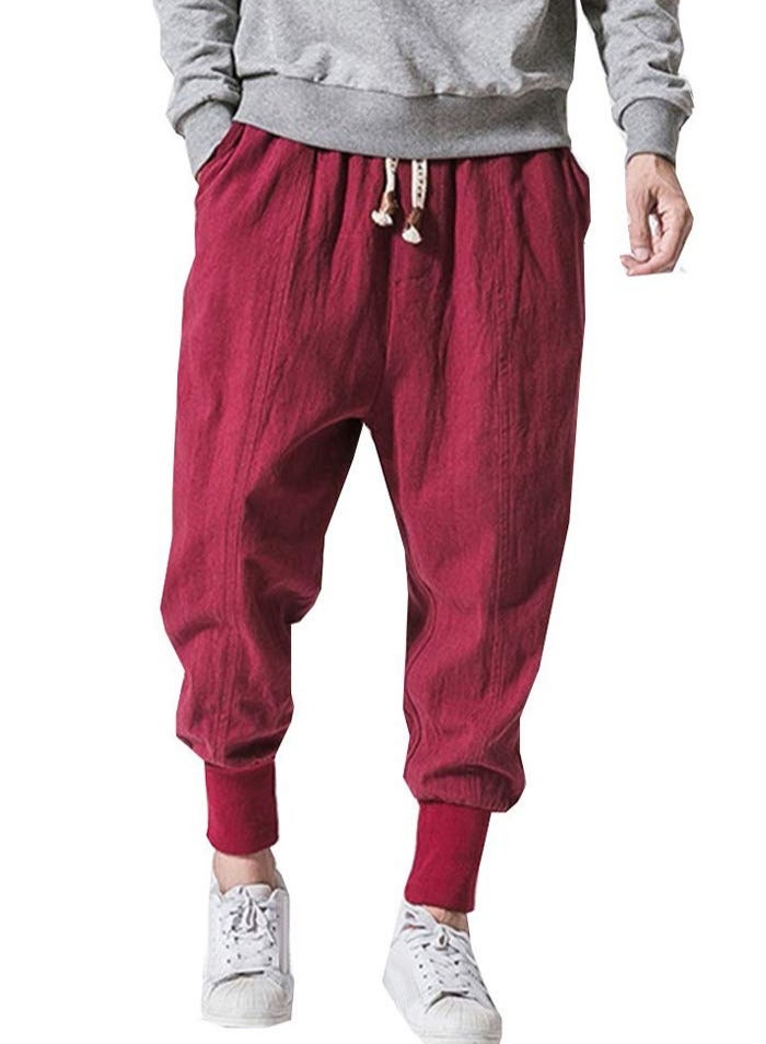 Linen Men's Pants - Loose Fit, Large Size, Trendy Harlem Pants, Lantern Cuff Casual Trousers, Linen Drop Crotch Wide Leg Baggy Harem Pants - Image 1