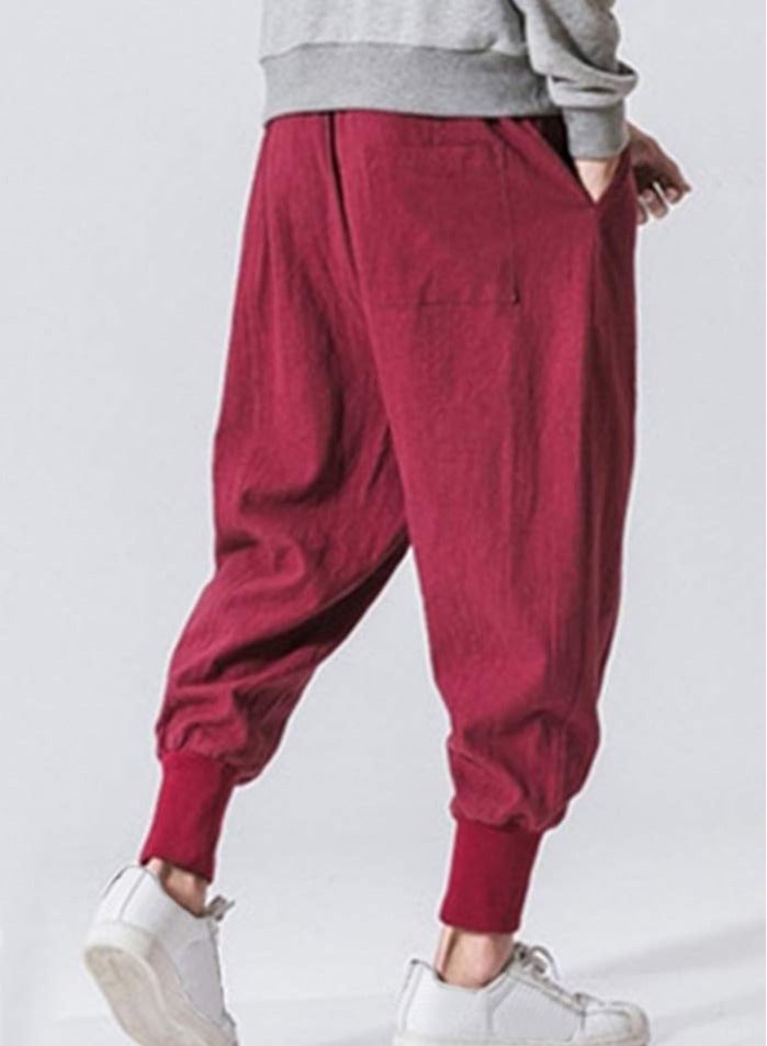 Linen Men's Pants - Loose Fit, Large Size, Trendy Harlem Pants, Lantern Cuff Casual Trousers, Linen Drop Crotch Wide Leg Baggy Harem Pants - Image 2