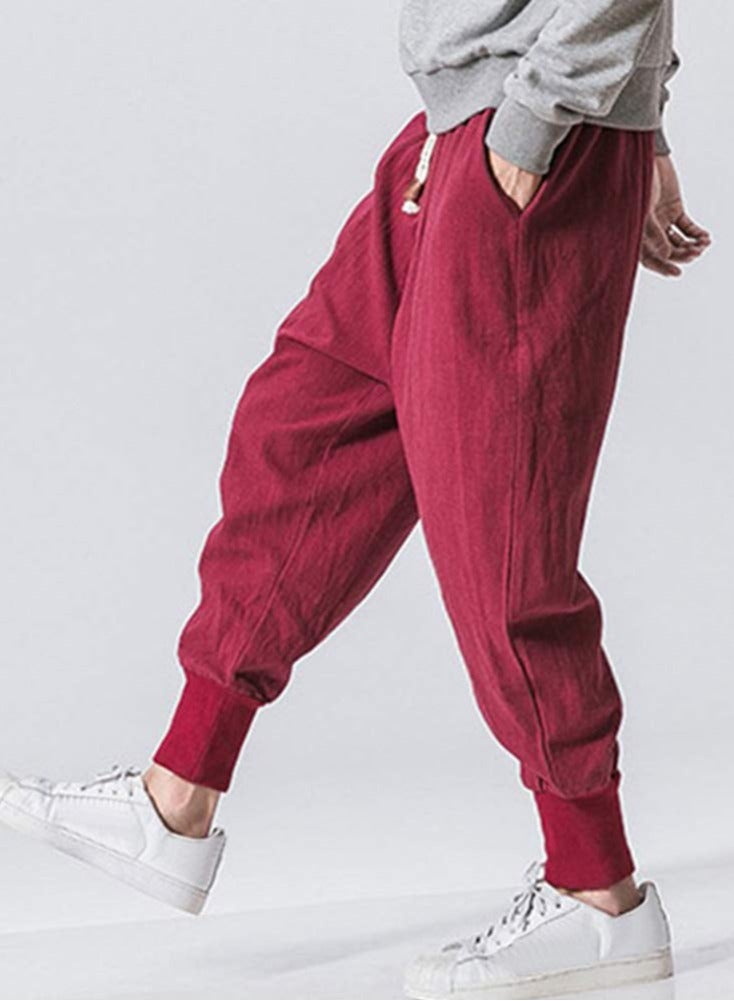 Linen Men's Pants - Loose Fit, Large Size, Trendy Harlem Pants, Lantern Cuff Casual Trousers, Linen Drop Crotch Wide Leg Baggy Harem Pants - Image 3