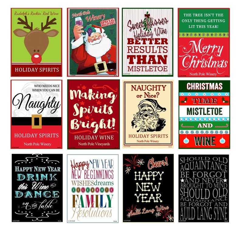 American Art Classics Set of 12 Holiday Christmas and New Years Wine Bottle Labels  5 Inch X 4 Inch 